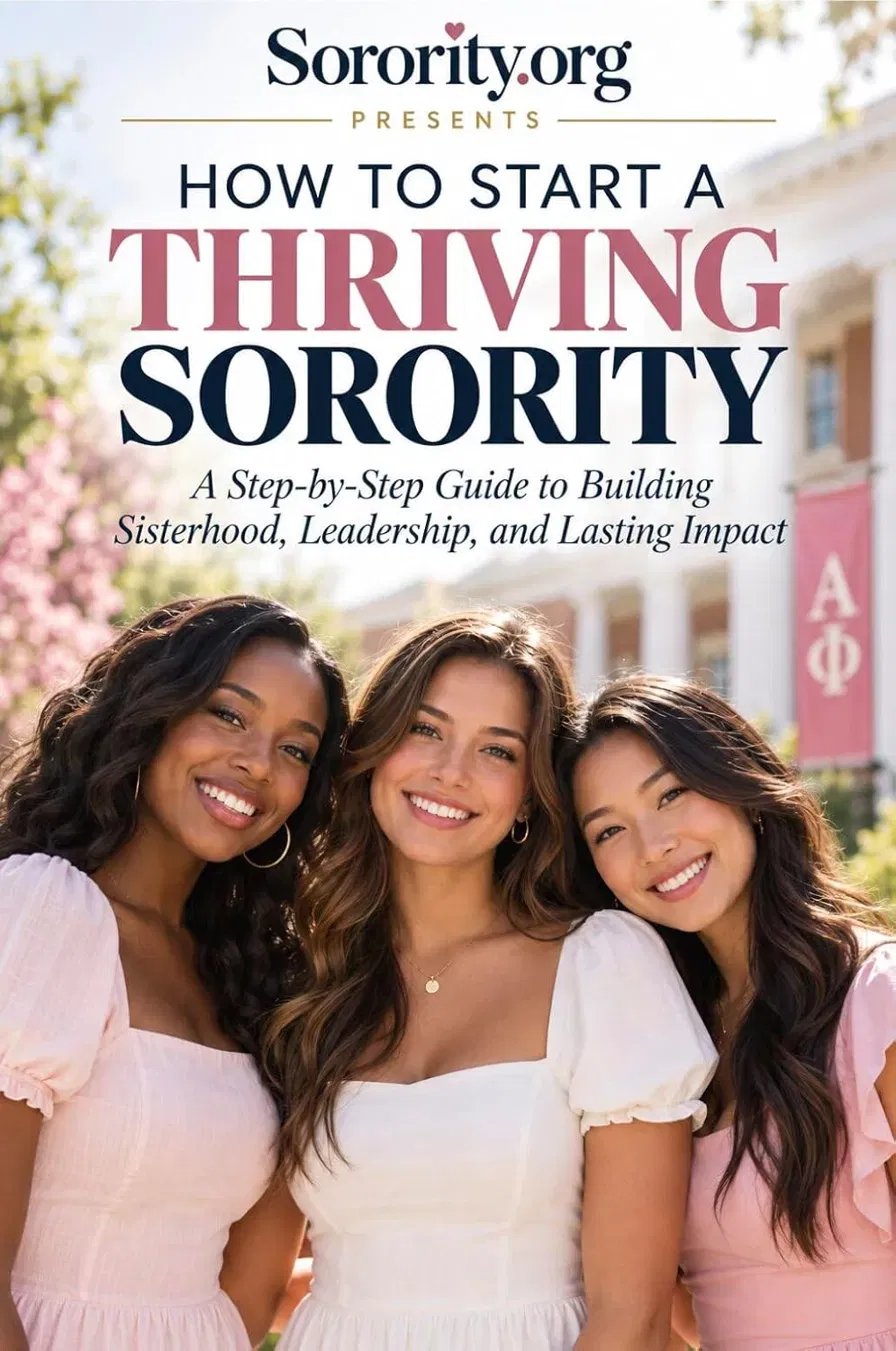 Cover of How to Start a Thriving Sorority, with three smiling women in front of a campus building