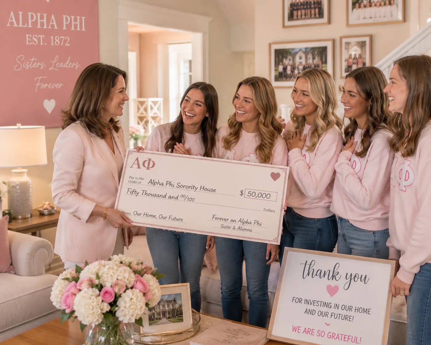 Alumna presenting large donation check to sorority sisters